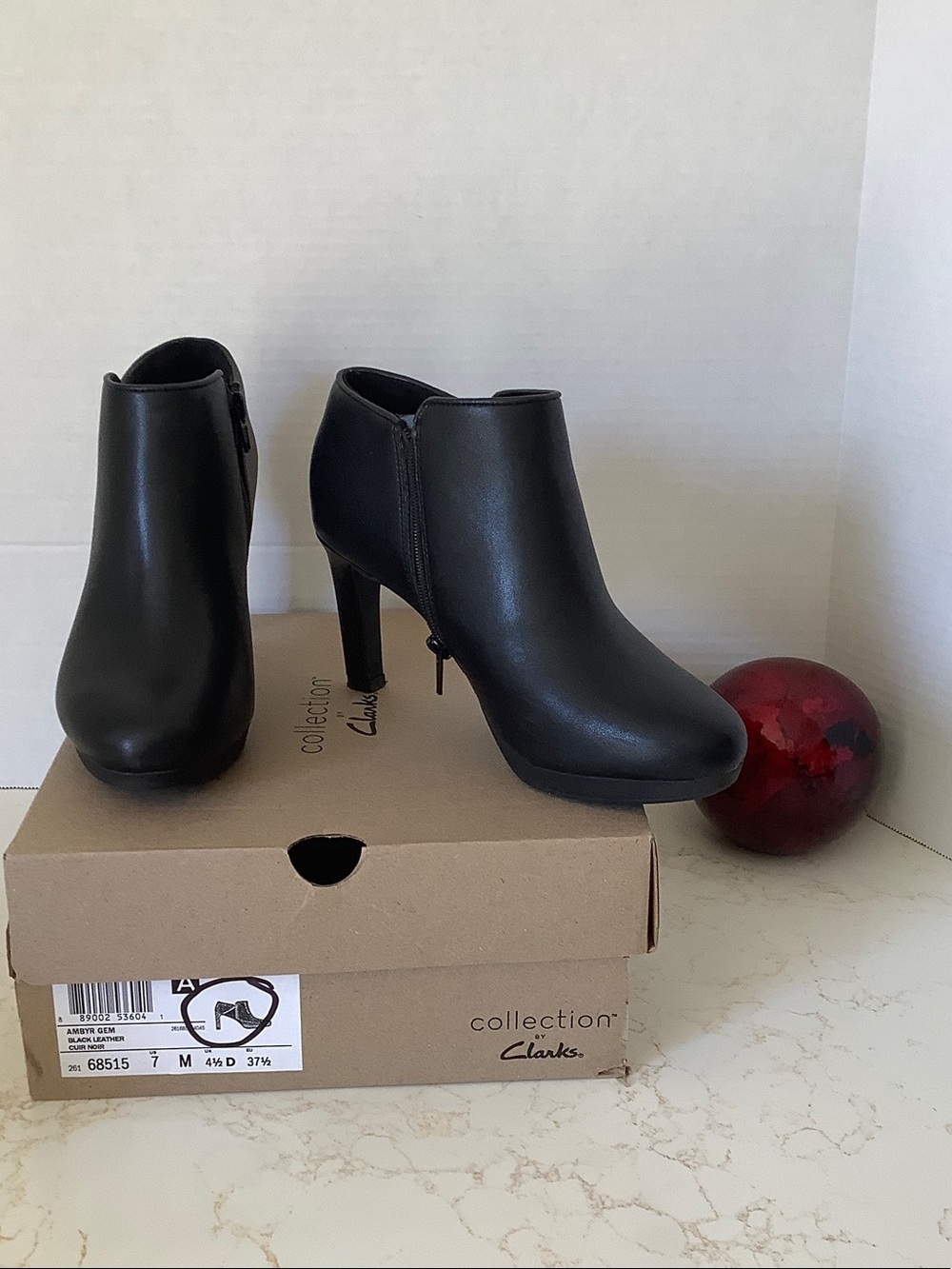 Clarks Black Leather Ankle Booties with Side Zip and Stiletto Heel